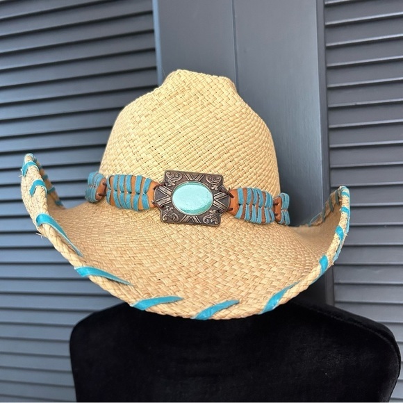 Bullhide Woven Straw Cowboy Hat With Turquoise Details, Size Small - Picture 3 of 16